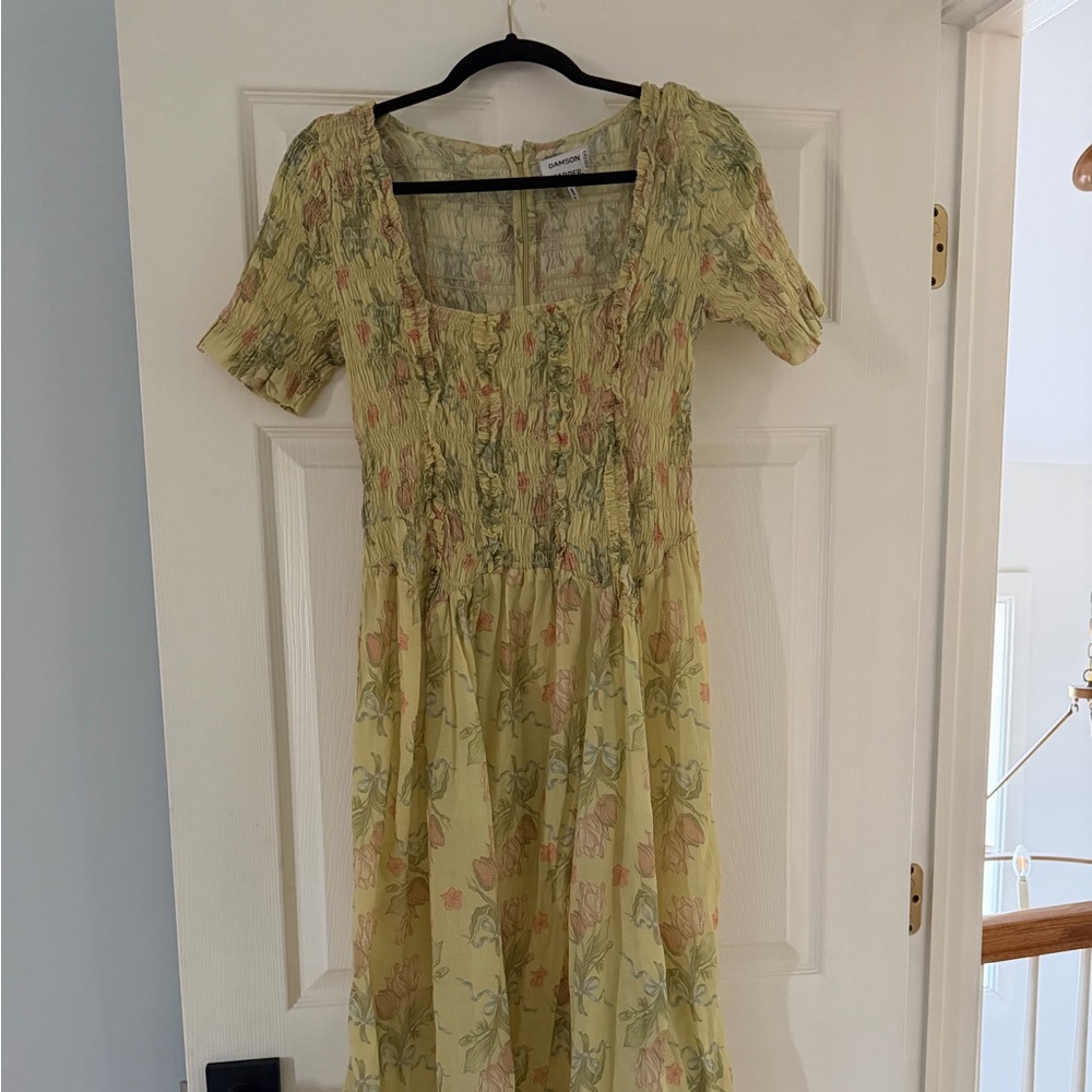 Smocked Light Green Floral Midi Dress by Damson Madder Size M Medium
